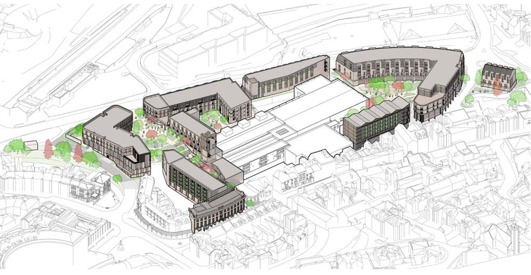 Aerial architectural plan showing the proposed Springs Shopping Centre redevelopment layout across the site in Buxton
